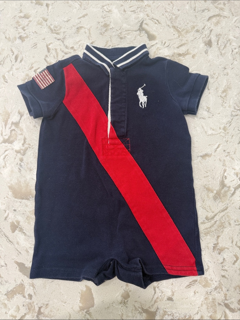 Ralph Lauren Polo Navy Romper with Red Diagonal Stripe